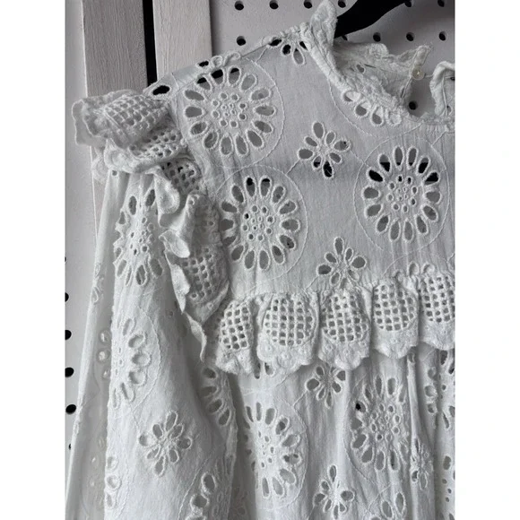 Zara Woman M White Ruffle Eyelet Boho Long SLV Top Shirt Blouse - Picture 3 of 7